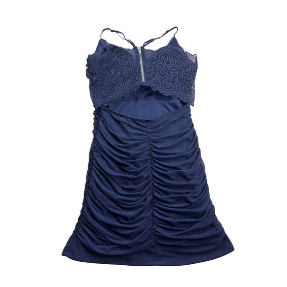 Honey and Rosie Navy Blue Mesh Lace Back Ruched Bodycon Mini Dress Size M - Picture 4 of 9